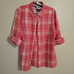 Tommy Hilfiger Plaid Button Down Long Sleeve rollover Pink/W 100% Cotton L Shirt